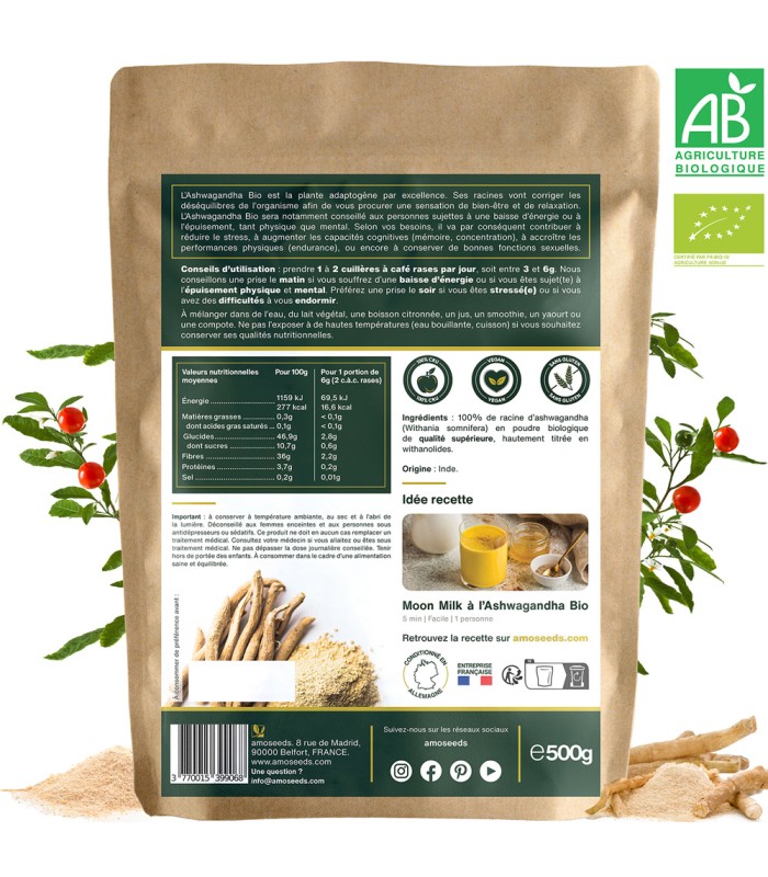 Ashwagandha Bio en poudre Amoseeds - 500g