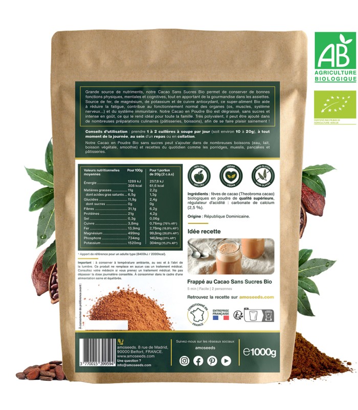 Cacao sans sucre Bio en poudre Amoseeds - 1kg