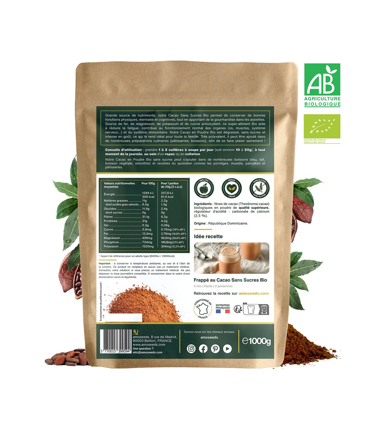 Cacao sans sucre Bio en poudre Amoseeds - 1kg