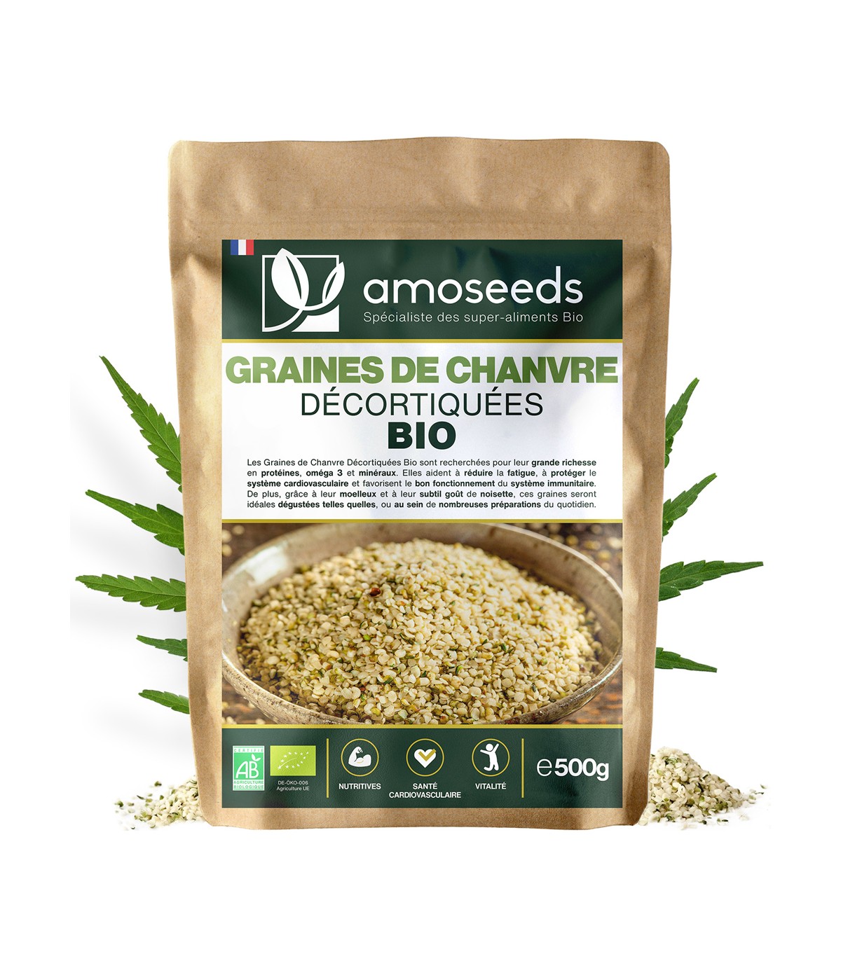 Graines de Chanvre Décortiquées Bio Amoseeds - 500g