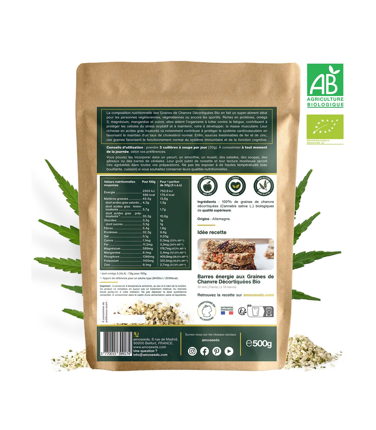 Graines de Chanvre Décortiquées Bio Amoseeds - 500g