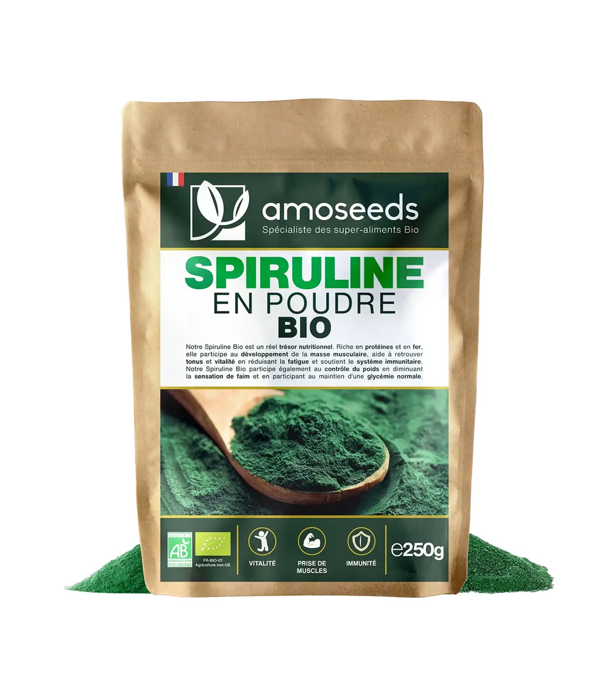 Spiruline en poudre Bio 250 grammes Amoseeds
