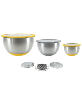 Lot de 3 bols en inox + 3 couvercles en verre + 3 râpes PIKA