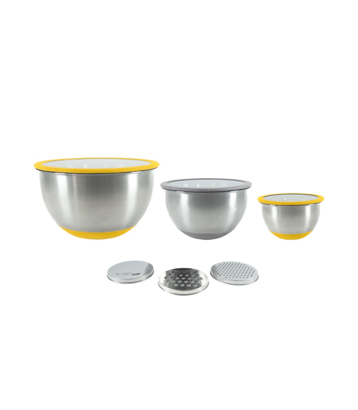 Lot de 3 bols en inox + 3 couvercles en verre + 3 râpes PIKA