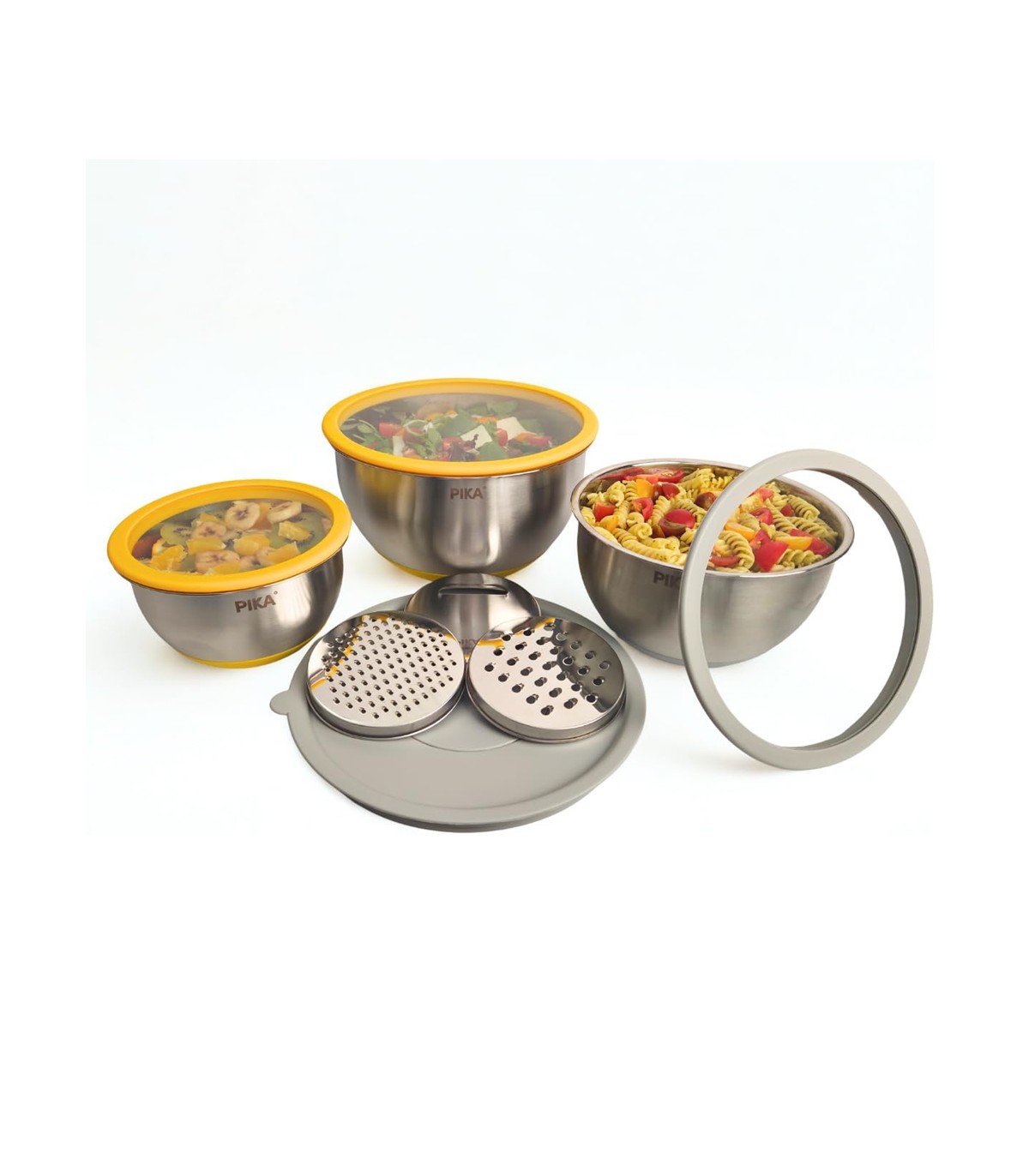 Lot de 3 bols en inox + 3 couvercles en verre + 3 râpes PIKA