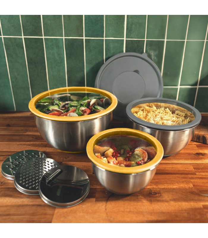 Lot de 3 bols inox + 3 couvercles + 3 râpes - PIKA
