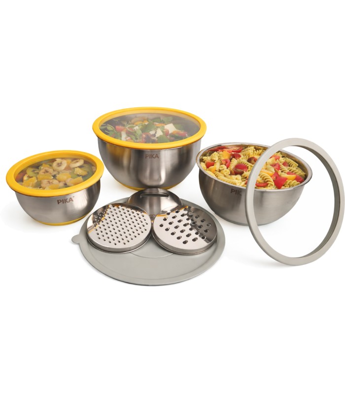 Lot de 3 bols en inox + 3 couvercles en verre + 3 râpes PIKA