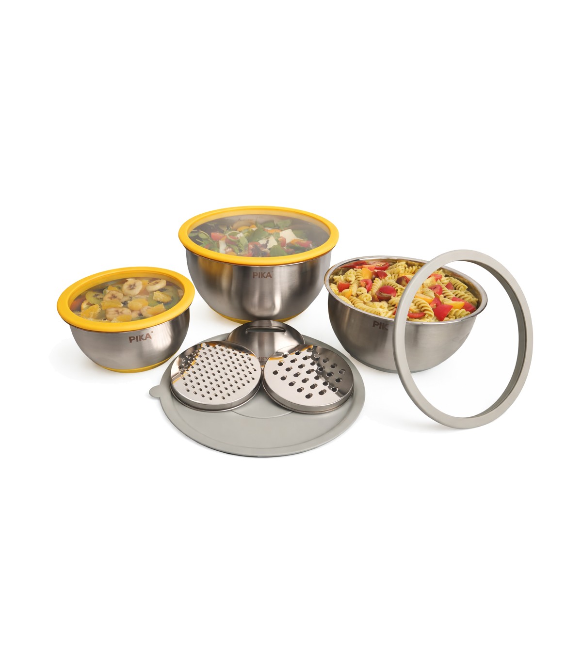 Lot de 3 bols en inox + 3 couvercles en verre + 3 râpes PIKA
